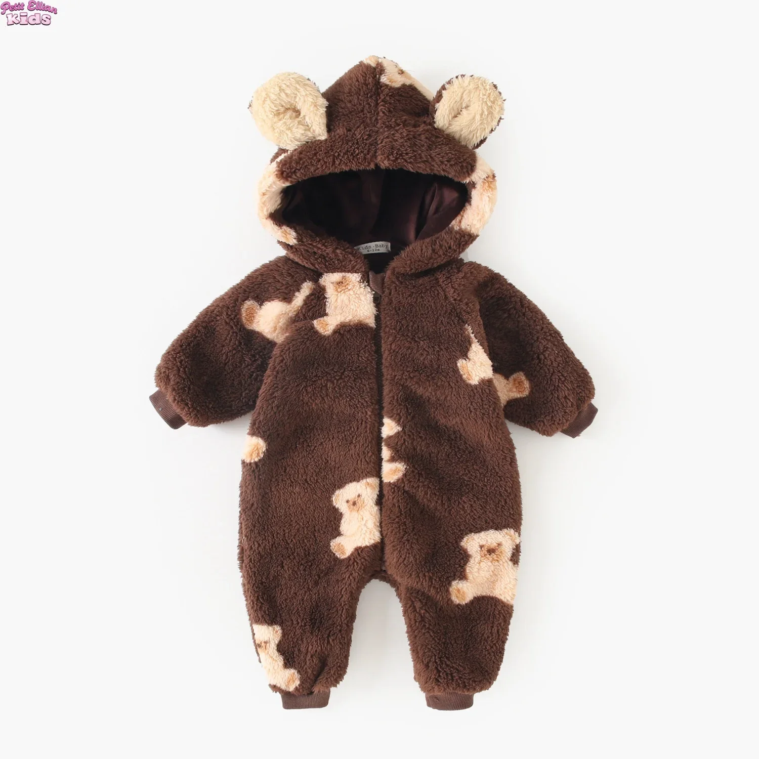 

Baby Double-Sided Fleece Romper Bear Ear Hooded Plush Zipper Jumpsuit Warm One-Piece Outfit for Toddlers 3-24M Newborn Girl Boy