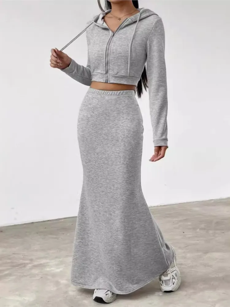 

Повседневный однотонный комплект с капюшоном, женские модные топы на молнии с длинными рукавами + комплект с высокой талией, юбка на бедрах, комплект из 2 предметов для женщин, праздник, новинка