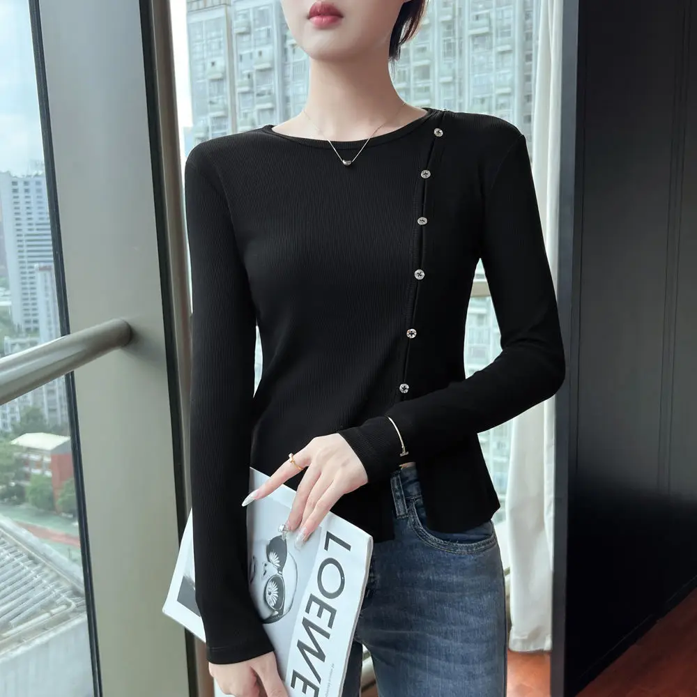 Rundhals-Pullover, schmale Passform, Innenoberteil, T-Shirt mit schräger Knopfleiste, lange Ärmel, Temperament, Pendeln, schlichtes Design, Basishemd