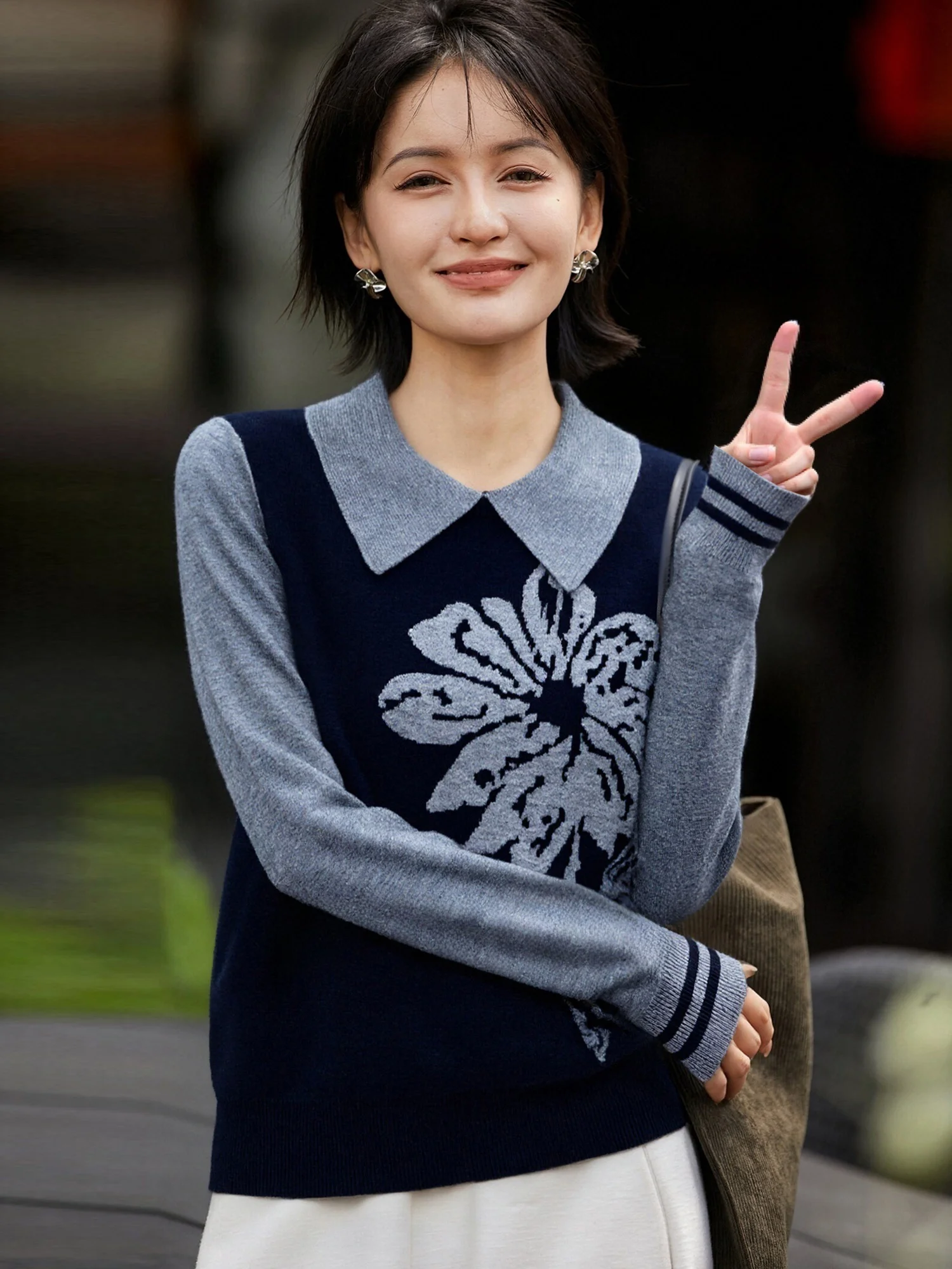 

Женский вязаный кардиган с воротником, цветочным узором и винтажным дизайном, весна-осень 2026, с длинными рукавами, стандартный крой