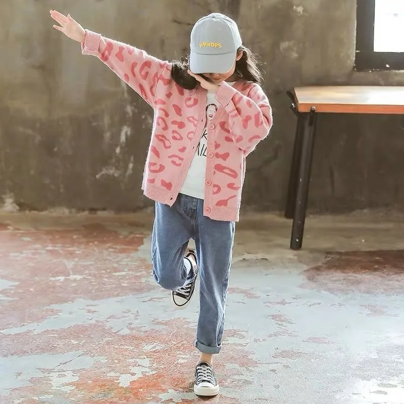 UNITIM 2026 Herbst Kinder Mädchen Strickjacke Pullover Teenager Mädchen Leopardenmuster Ein-Knopf-Pullover 2-12 Jahre Junior Mädchen Strickwaren Mäntel – Detail 3