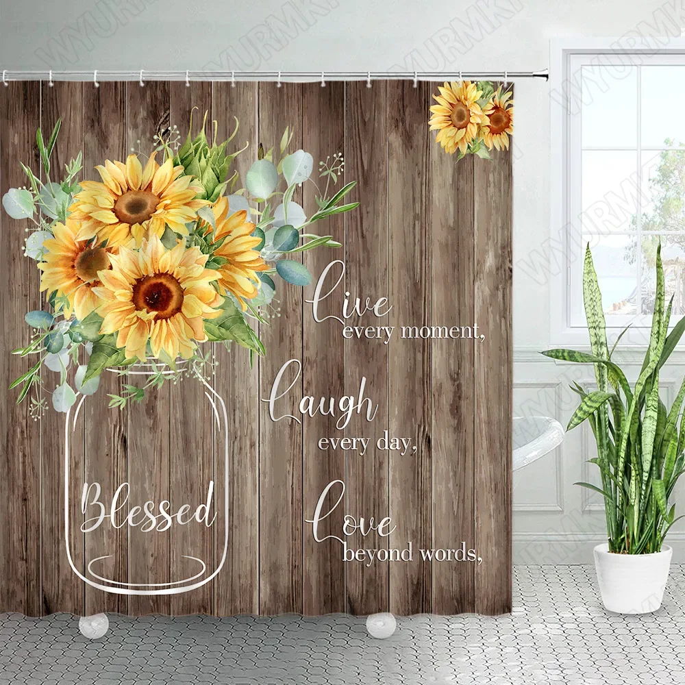 Sunflower Shower Curtains Vintage Grey Wooden Board Rustic Yellow Flowers Plants Modern Fabric Bathroom Decor Bath Curtain Set