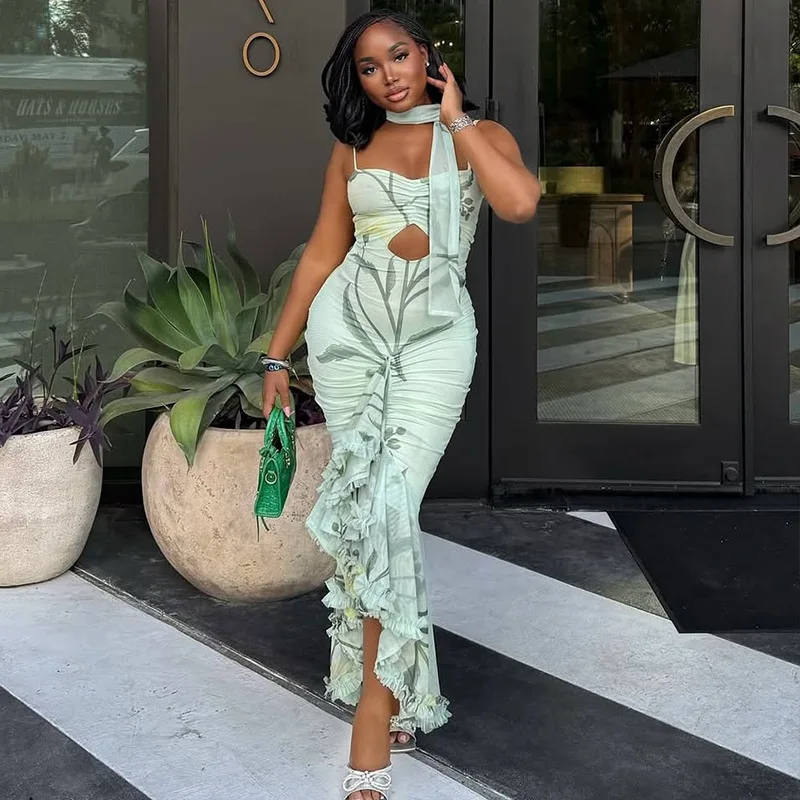 

STYLISH LADY Floral Printed Ruffle Dress 2025 Summer Women Spaghetti Strap Bodycon Sexy Club Party Maxi Vestidos De Festa