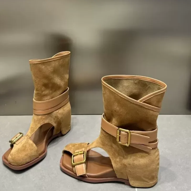 Belts Buckle Shoes for Womens Low Heels Hollow Female Sandals Boots Belts Stitching Zapatos Mujer Pleated Chassure Femme Sewing