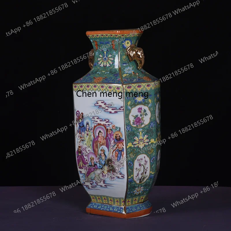H178Enamel color flower and bird figure binaural square vase antique Chinese ceramic vase