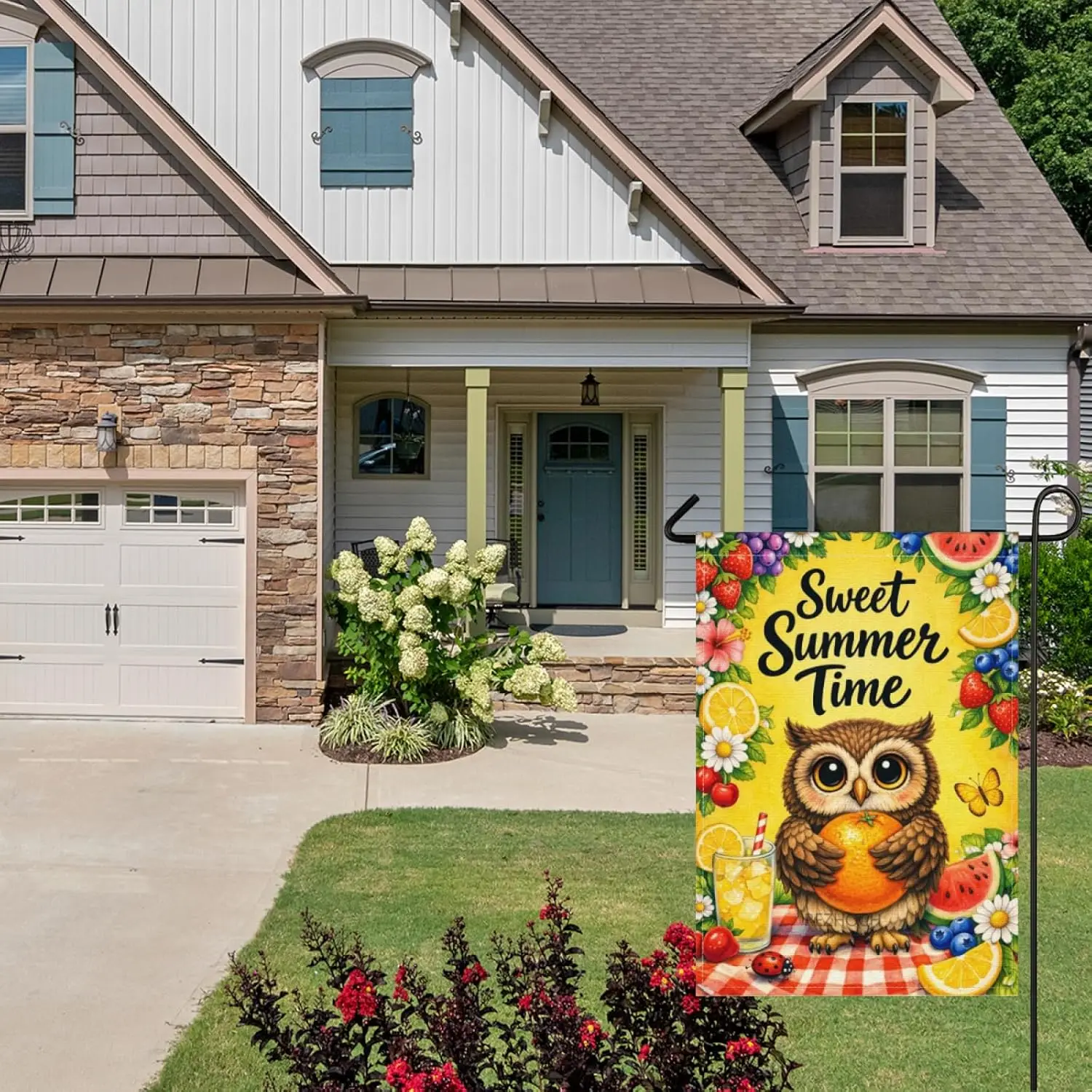 Sweet Summer Time Fun Owl Garden Flag 28x40Inch,Cute Animal Flower Fruit Checkered Picnic Cloth,Double Sided Seasonal Home F AAS