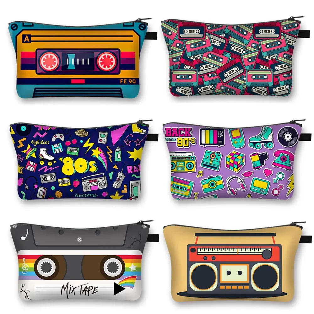 Cassette Tape Recorder Print Cosmetic Case Back To 80s 90s Women Makeup Bag Girls Toiletries Bag Lipstick Storage Cosmetic Bags