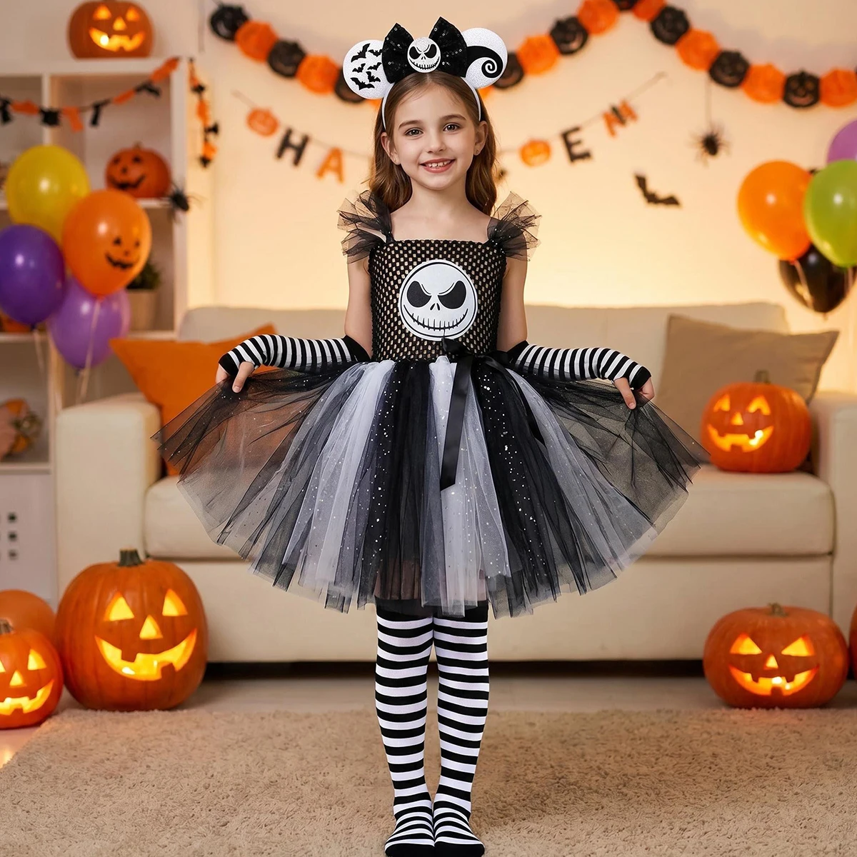 Nightmare Before Christmas Jack Kostüm Mädchen Halloween Skelett-Tutu-Kleid Kinder Cosplay Schwarz-Weiß Geister-Grusel-Outfits