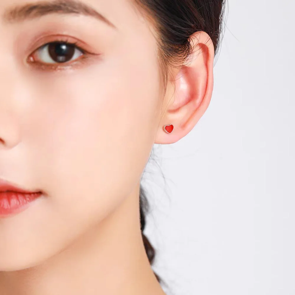 Pure 925 Sterling Silver Red Enamel Heart Screw Stud Earrings for Women Girls Korean Piercing Earring Engagement Party Jewelry