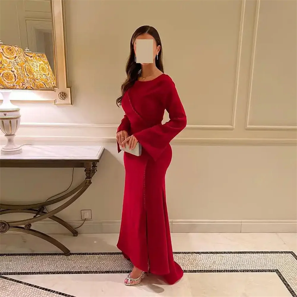 Annie Elegant And Simple Lady Prom Dresses Red Long Sleeves Evening Dress Side Slit Mermaid Formal Occasions 2024فساتين السهرة