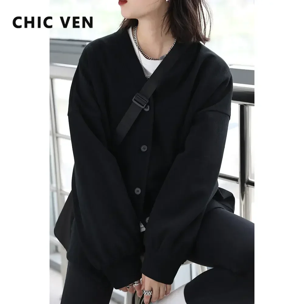 CHIC VEN Korean Women\'s Sweatshirts Solid Plush Thick Warm Loose Casual Female Tops Office Lady Coats Jacket Autumn Winter 2023