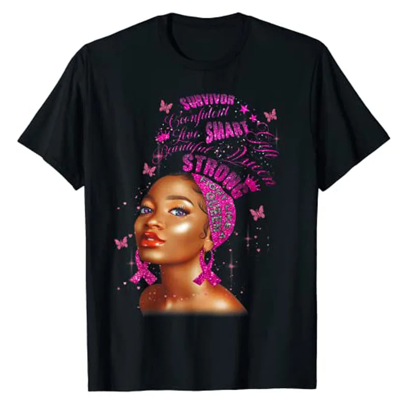 Strong Smart Black Women Breast Cancer Survive Pink Ribbon T-Shirt Tops Woman Graphic Clothing