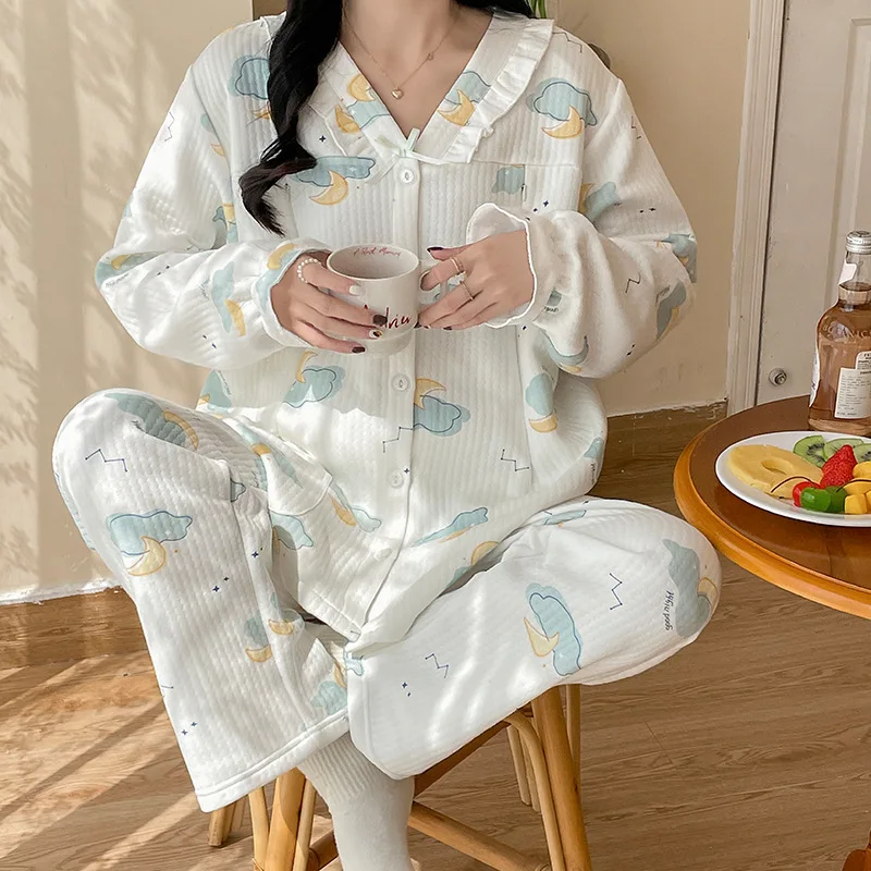 Spring Autumn 100% Cotton Pregnant Sleepwear Casual Breast-feeding Pajamas Set Long Sleeve Winter Warm Maternity Pajamas Set