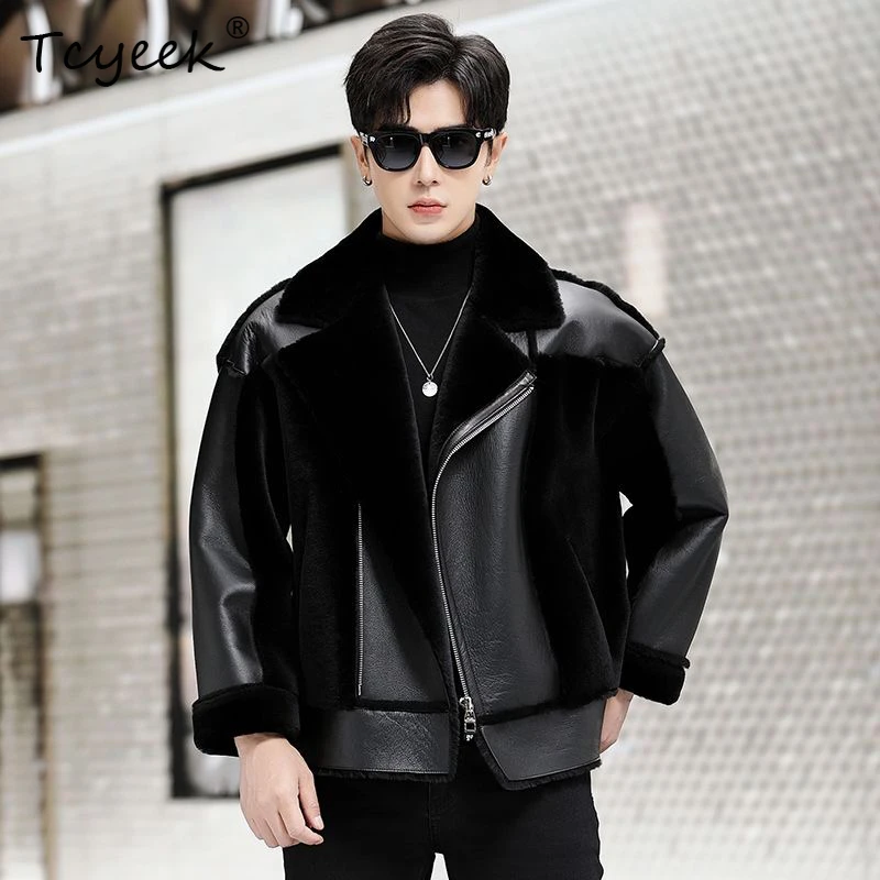Tcyeek Natural Real Sheepskin Fur Coat Men Winter Clothes Genuine Leather Man Jackets 2025 Motocycle Jacket Streetwear Дубленка