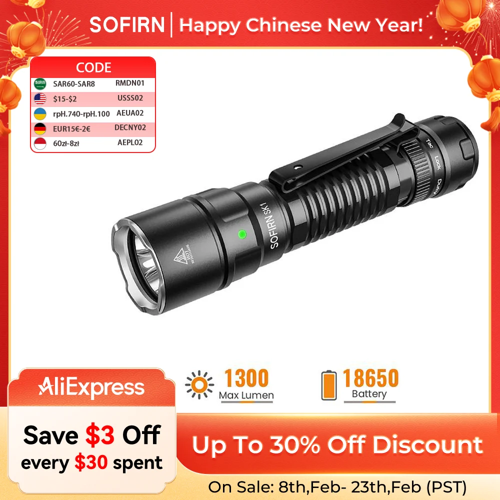 Sofirn SK1 Tactical Flashlight 479m 1300LM EDC Rechargeable SFT25R LED Spotlight Torch with Tail Switch and Rotary Switch