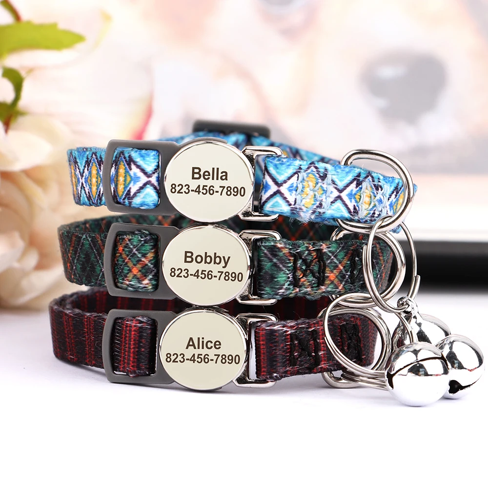 Personalized Cat Collar Adjustable Kitten Cats Print Collars With Bell Free Engraving Buckle Collar Anti-lost for Cat Small Dogs