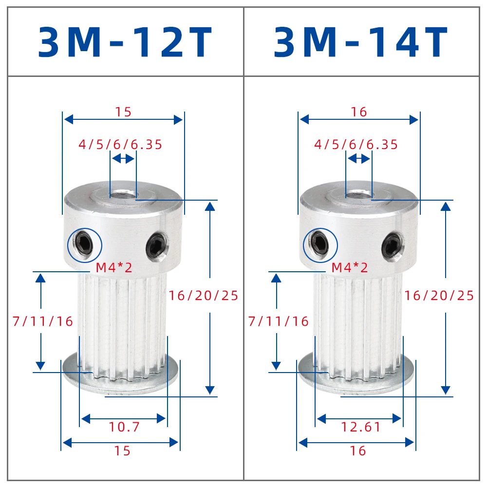 12T 14T 15T 16T 3 メートル合金プーリー円弧歯ボア 4/5/6/6.35/8 ミリメートル K 形状プーリーホイール幅 7/10/15 ミリメートルタイミングベルト