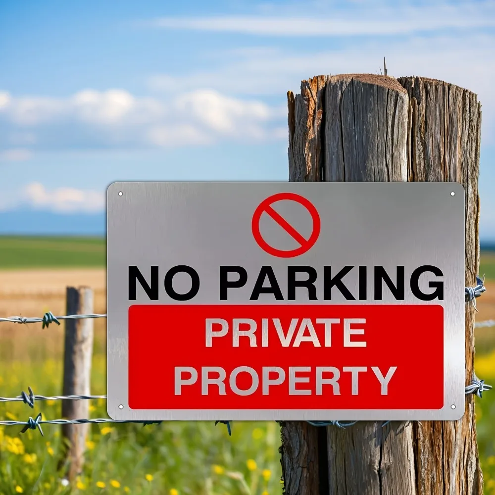 2D Flat,No Parking Private Property Metal Sig, Red and White Warning Security Tin Plate for Workshop, Office,Yard, Hotel and Bar