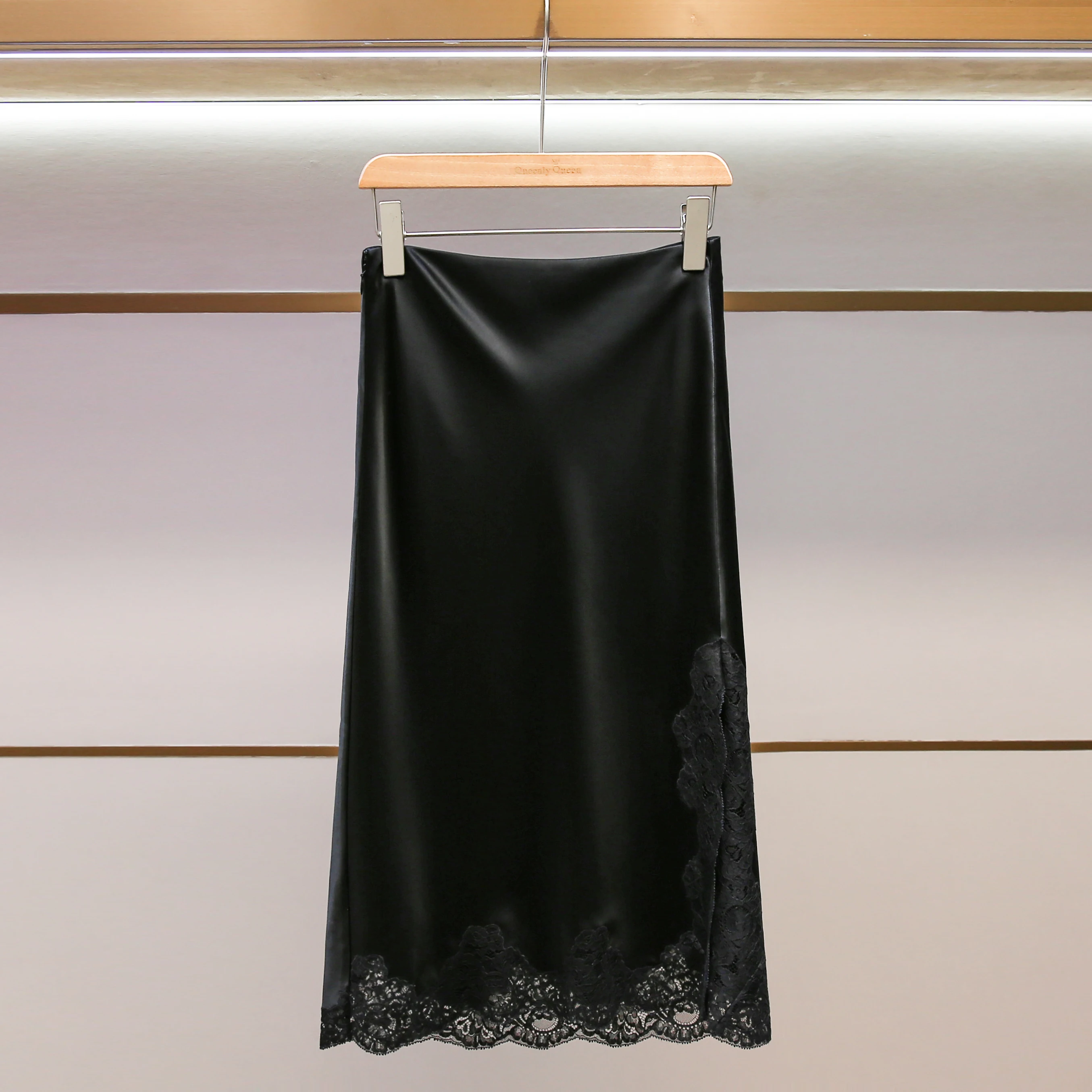 

Ele High Waist Midi Skirt in Bla Lace Acetate Satin for Women Sli Ci Commute Dr Code Front Slit Straight Cut