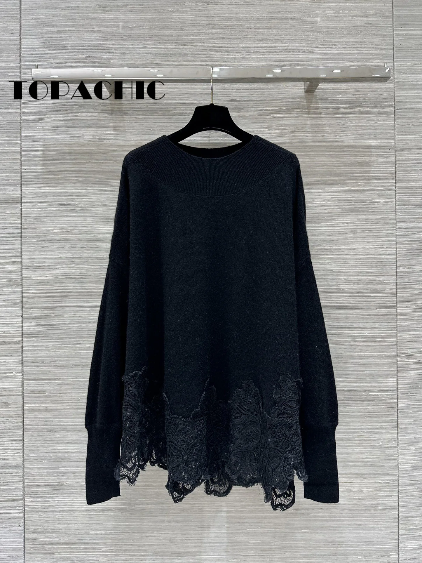 9.25 TOPACHIC-Women Lace Embroidered Spliced Cashmere Knitwear Personality Elegant Slash-neck Cuff Split Loose Pullover Sweater