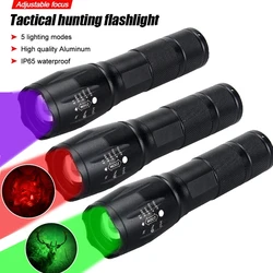 Mini Flashlight Red/Green/White/395NM Zoomable Tactical Hunting Flashlight 5 Modes Waterproof IP65 Pocket Mini Ultraviolet Torch