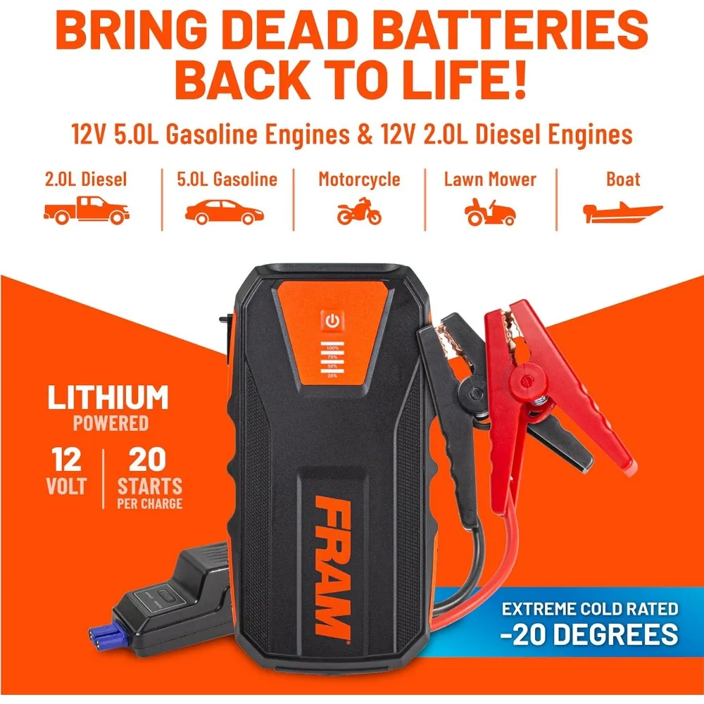 FRAM FEK40008 بطارية السيارة Jump Starter 12000mAh (44.4Wh) ما يصل إلى 5.0L محركات الغاز ومحركات الديزل 2.0L، معزز سيارة الطوارئ 12V مع