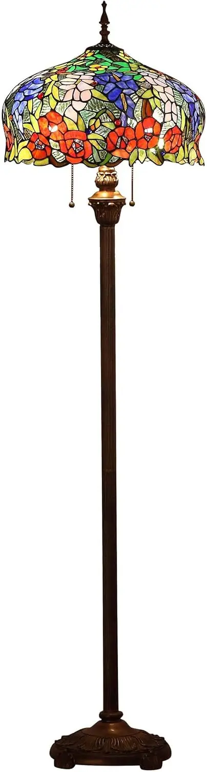 L10574 Wisteria And Rose Flower Tiffany Style Stained Glass Floor Lamp With 16 Inch Wide Shade, 63 Inch Tall