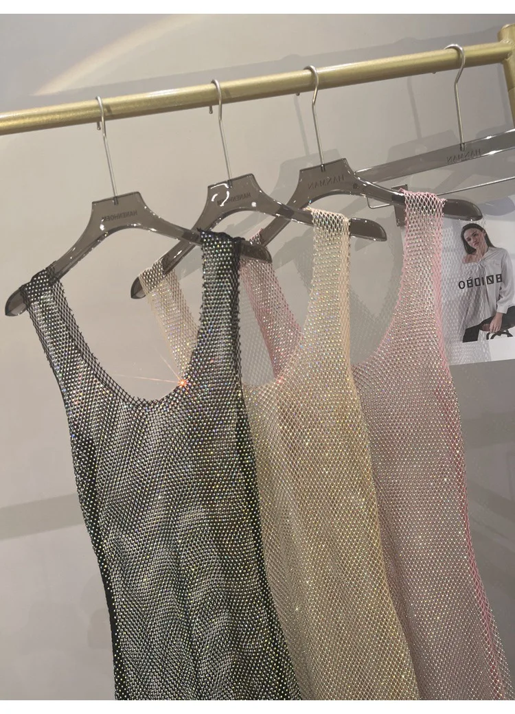 Women's Dress Sparkling Rhinestone Party Dresses Lady Sexy Sheer Cut-out Dress Round-neck Sleeveless Dress Club for Female 2026