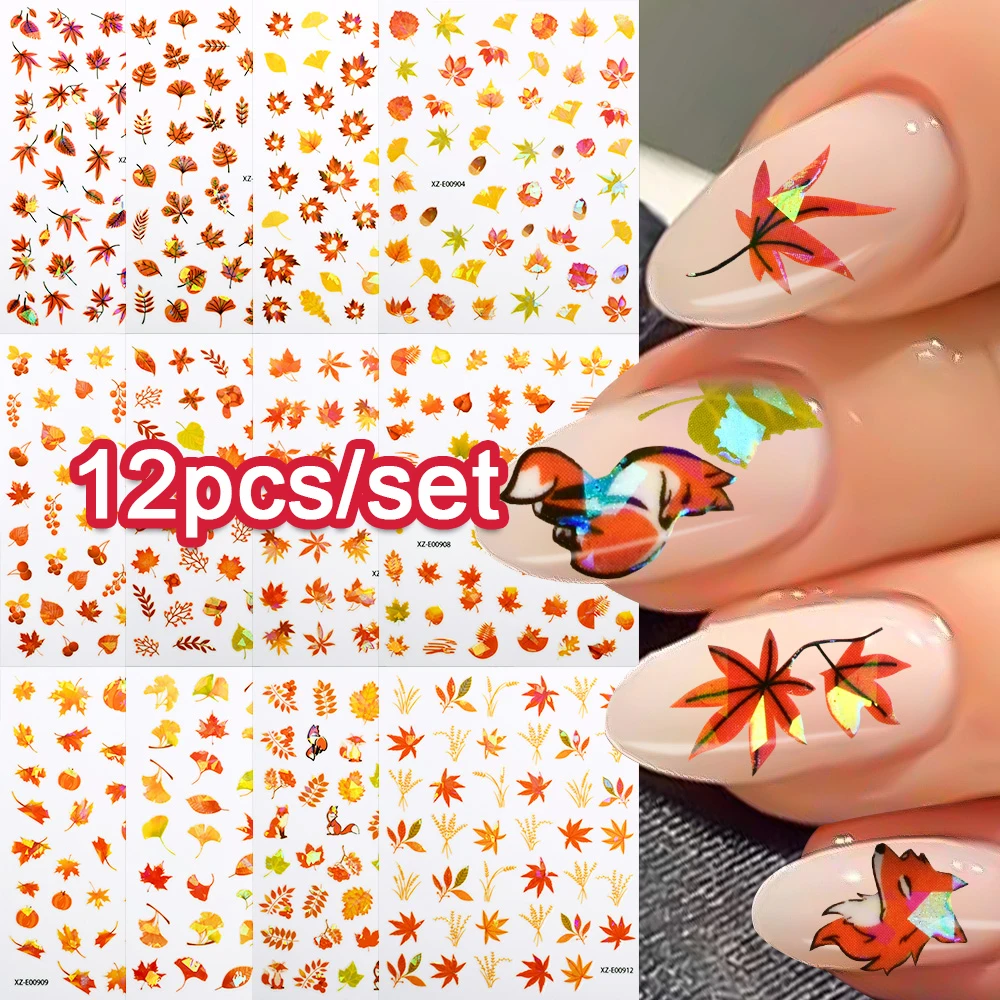 12 pezzi 3D adesivi per nail art con foglie d'acero del Ringraziamento glitter arancioni foglie autunnali adesivi in lamina d'oro autunno per decorazioni per manicure