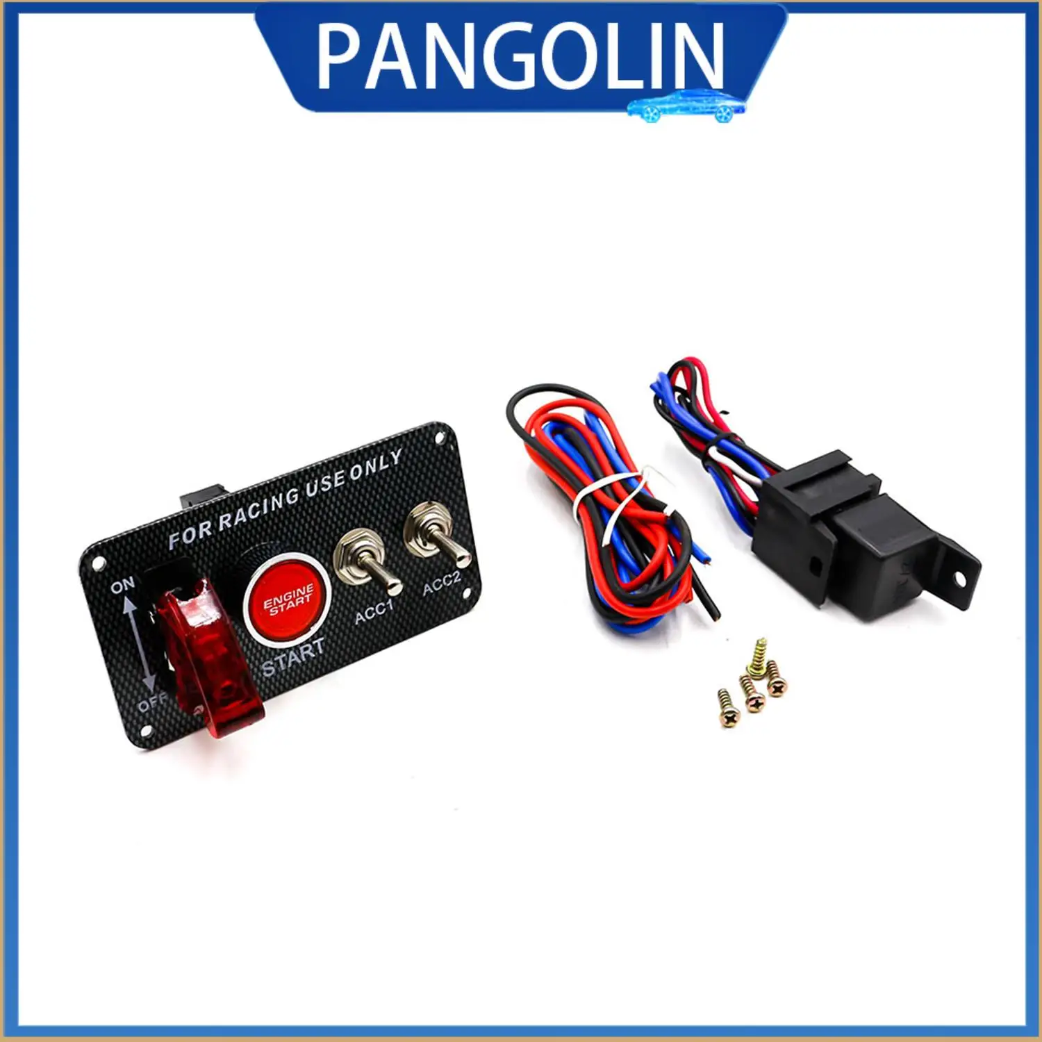 

Панель переключателя зажигания PANGOLIN Racing Car 12 В с кнопкой запуска двигателя, светодиодный тумблер, лицевая панель из углеродного волокна и комплект реле