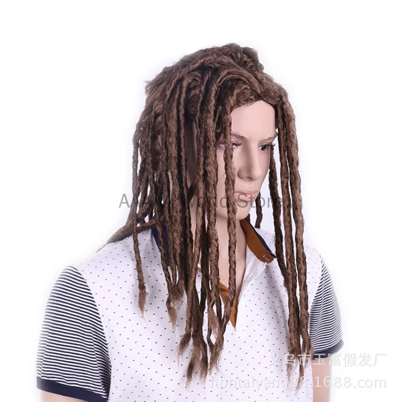 Perruque de Cosplay d'halloween pour hommes, tresses sales Reggae, tresses torsadées, perruque de bal marron, cheveux Afro Dreadlocks + bonnet de perruque gratuit