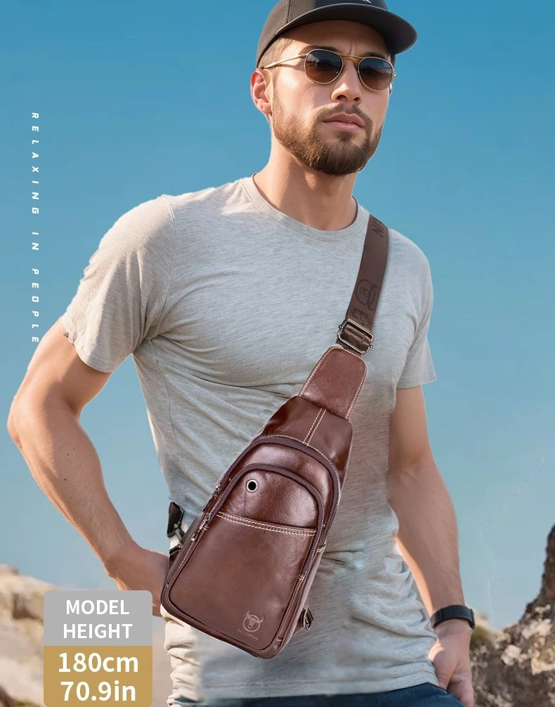 

Real leather chest bag men Korean version cowhide one shoulder sling business leisure large capacity shoulder bag