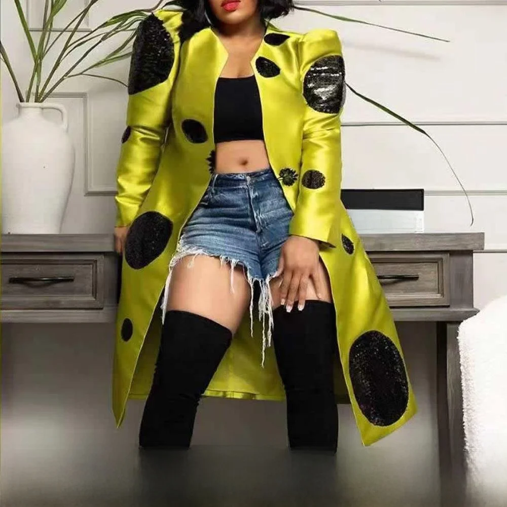 

Women's Sequined Patchwork Windbreaker Dr Long Sve Briti Sle Regular Length Polyester Fiber 00% Autumn Season