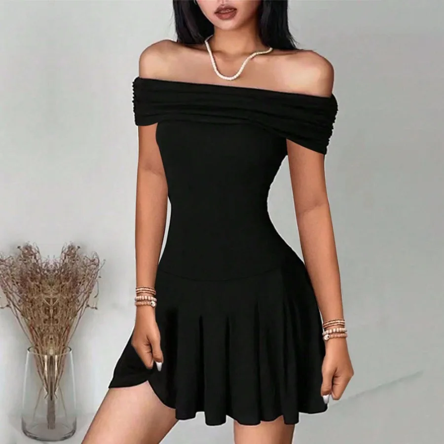 

【New style】 women's clothing 2026 pure desire style revealing clavicle dress summer new line neck high waist short skirt for wo