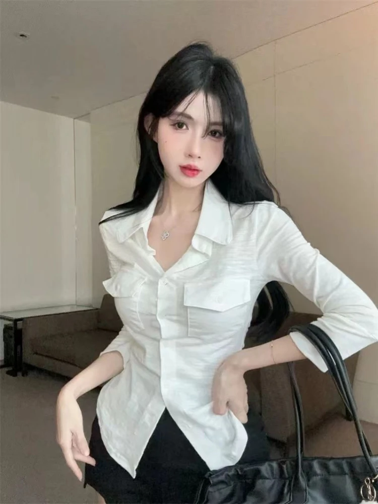 Womens Polo Collar Long Sleeve Shirt Summer Slim Fit Sweet Chic Top Unique Design Casual Blouse Fashion
