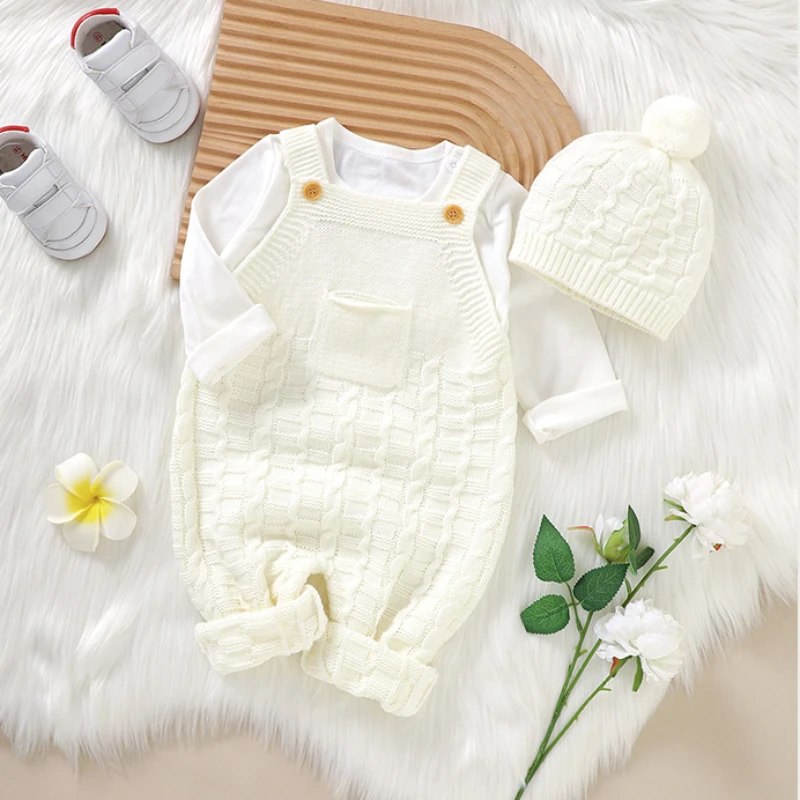 Newborn Boys Girls Jumpsuits Hats Outfits Sets 0-18m Toddler Infant Outwear Playsuits Clothes Baby Rompers Solid Sleeveless Knit