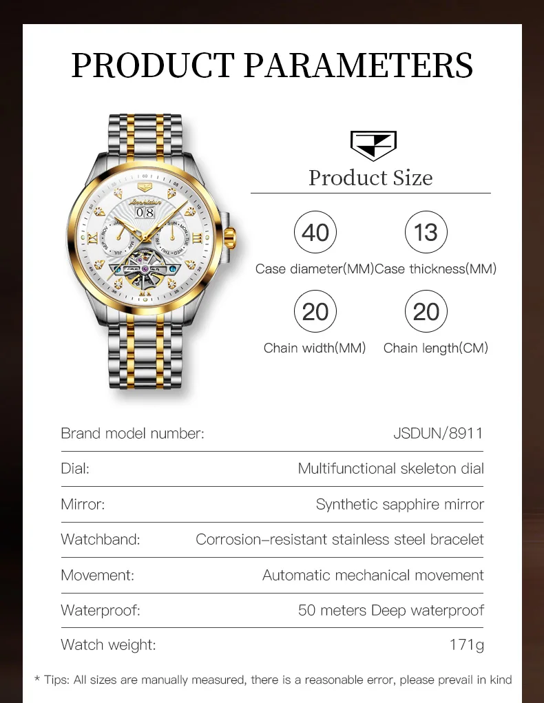 JSDUN 8911 Automatic Mechanical Watch for Men Sapphire Mirror Multifunction Skeleton Wristwatch Waterproof Business Men\'s Watch