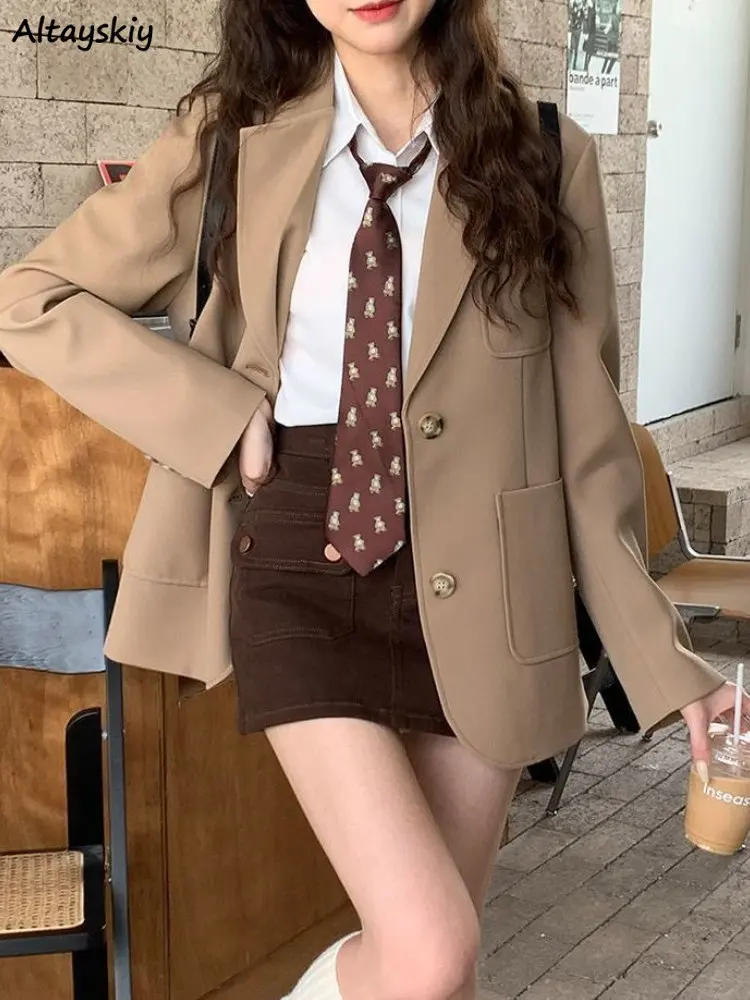 

Preppy Style Blazers Women Autumn Light Tan Solid Korean Fashion Vintage Loose New Pockets Students All-match Simple Pure Ladies