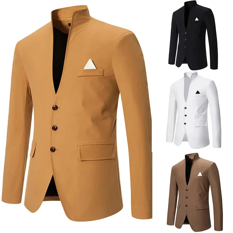 Blazer de negócios confortável masculino, terno fino monocromático cavalheiro, cor combinando com gola em pé, moda casual casamento, x66