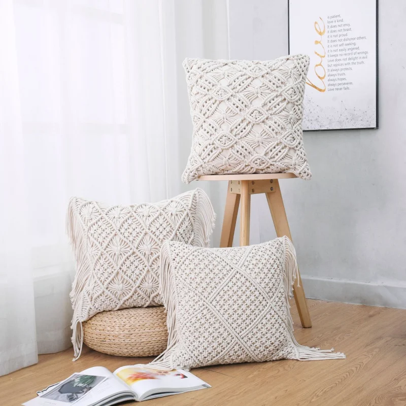 Modern Minimalist Cotton Car and Office Sofa Ornament Pillow Cushion Hand-Knitted Cotton String Craft Pillow Cover