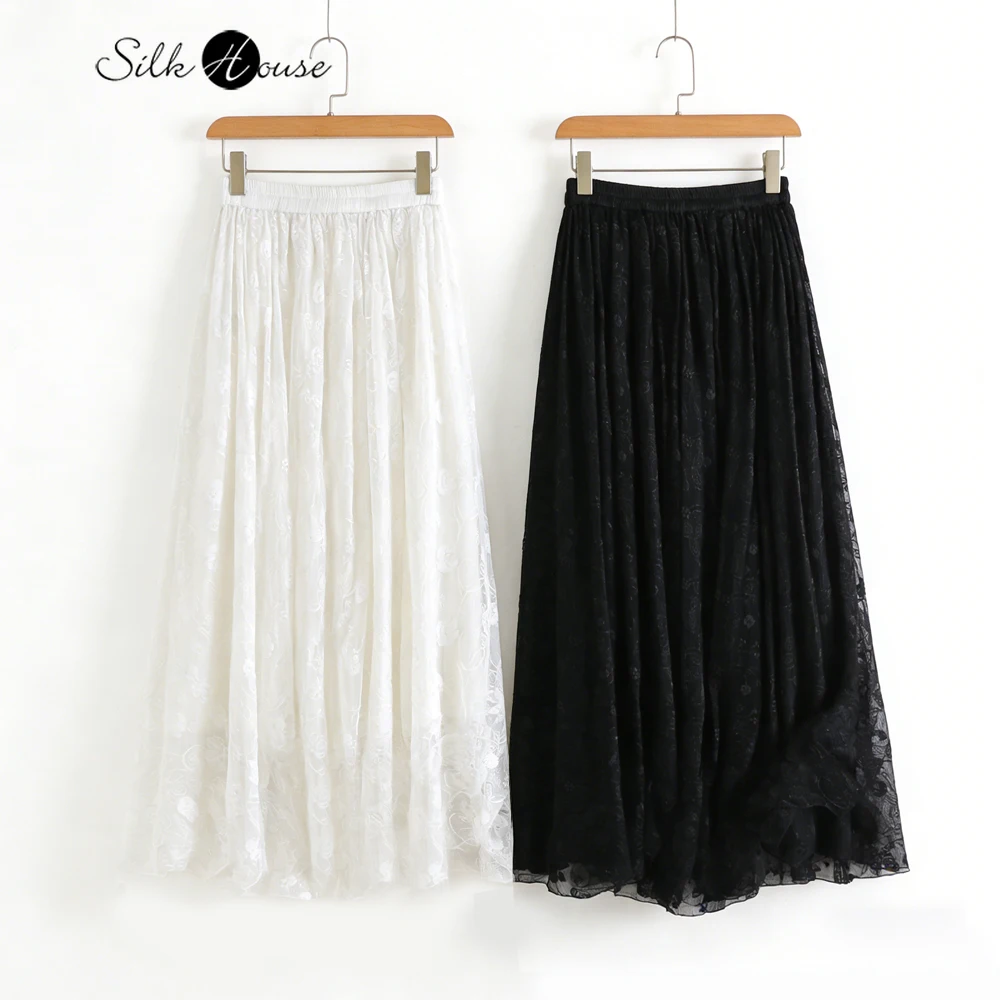 

Французская женская повседневная юбка из натурального шелка тутового шелкопряда молочно-белого цвета с объемной вышивкой, без швов, с эластичной талией и широким подолом, элегантная