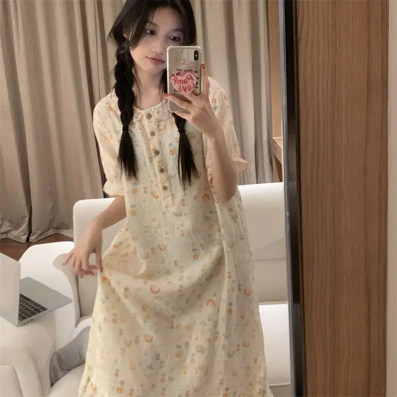 여성용 꽃무늬 잠옷, 한국 단추, 여름 원피스 잠옷, 원피스 반팔 잠옷, 수면 프릴 홈 웨어, 2024