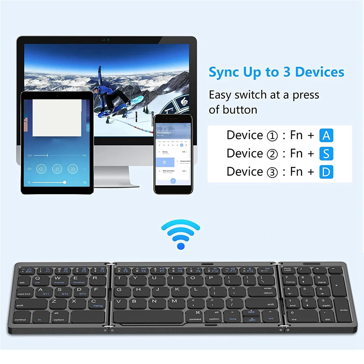 N27R Keyboard Bluetooth Lipat, Keyboard Nirkabel USB Isi Ulang untuk Ponsel Pintar Laptop IOS, Android, Windows PC-Hitam