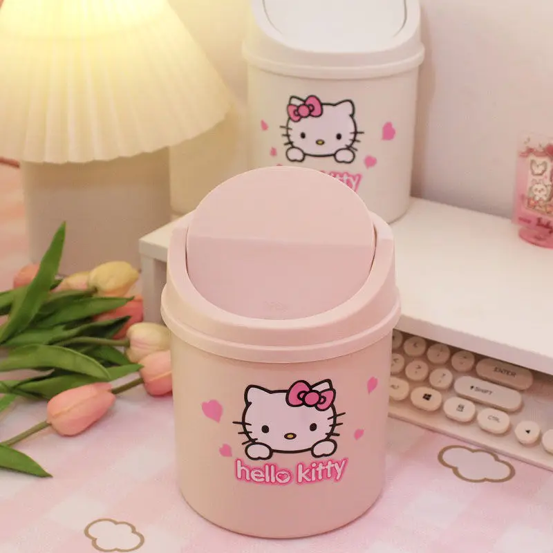 New Sanrio Hello Kitty Kawaii Cartoon Anime Y2k Desktop Wastebasket Home Trash Bin Garbage Living Room Paper Basket Cover Mini