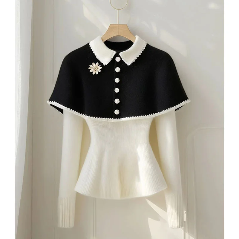 Herbst Winter Kontrast Gestrickte Pullover Frauen Tragen Schal Mantel Kurze Stricken Pullover Weibliche Lässige Strickwaren Pullover Pullover