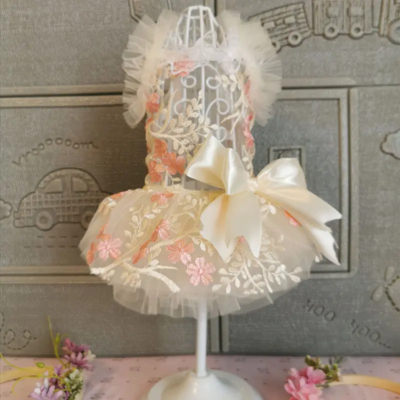 

Apricot Embroidery Summer Dress for Small Medium Dogs Lace Chiffon Cute Puppy Pet Skirt Costume Party Birthday Wedding Outfit
