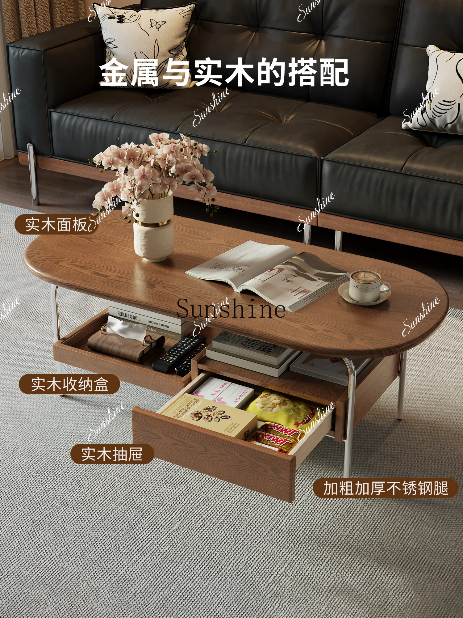 

All solid wood medieval tea table small apartment living room household minimalist double-layer tea table FT