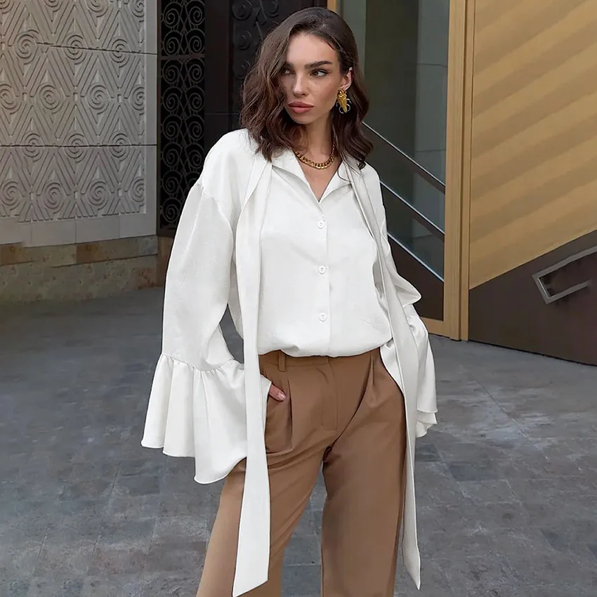 قميص Bonboho نسائي أبيض بأكمام واسعة قمصان بيضاء كسول فرنسية بياقة كبيرة الحجم وأكمام واسعة وربطة جانبية كاجوال للمكتب