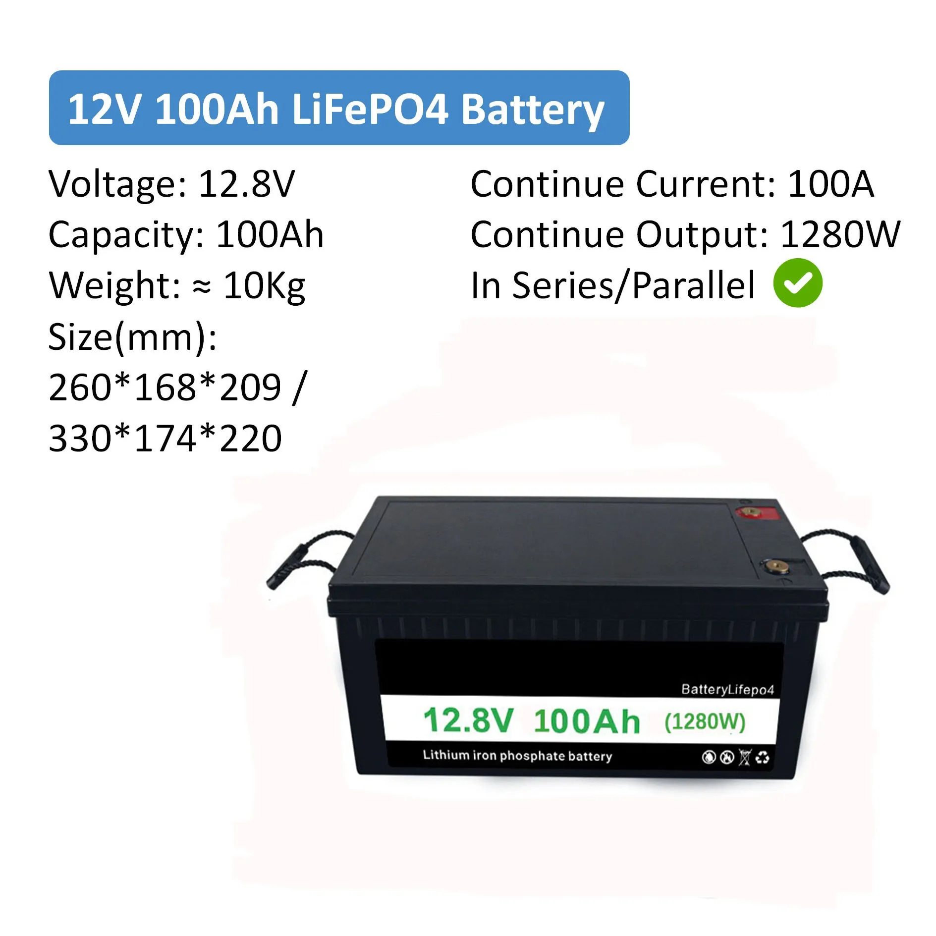 Solar battery pack 12V 100Ah LiFePO4 Battery with Smart BMS 6000+Cycles for Boats household energy storage system RV System