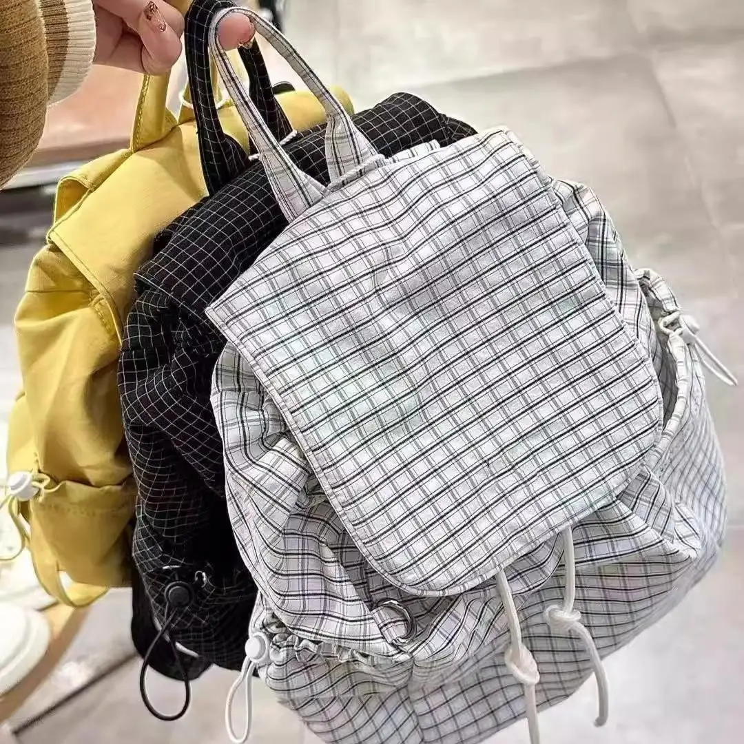 Korean Plaid Drawstring Storage Bag Lightweight Women's Large Capacity Backpack 2025 New Commuter School Bag Versatile Nylon Bag